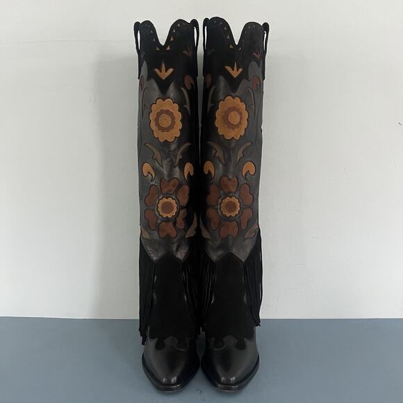 NWT Spell Sannah Fringe Onyx Black Leather Suede Western Tall Boots - Picture 8 of 15